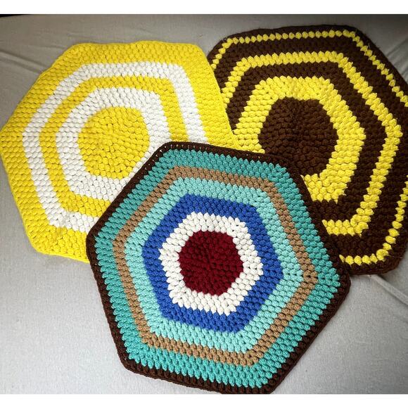 3 Handmade Brown Yellow Blue Multi-Color Crochet Hexagon Afghan Area Chair Rugs - Picture 1 of 8